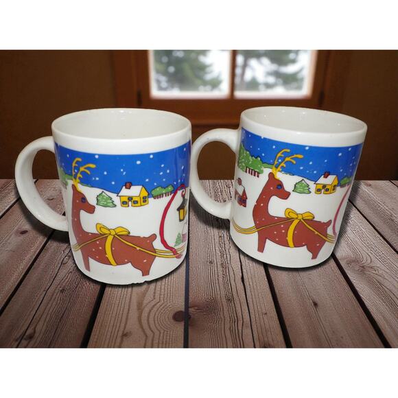 Santa Reindeer Mugs Gibson Set of 2 Christmas Ceramic Micro/Dishwasher Safe - Picture 2 of 3